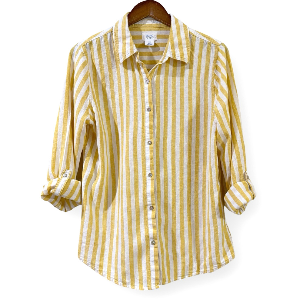 SIGRID OLSEN Yellow White Striped Linen Blend Shirt M Roll-Tab Coastal Beach